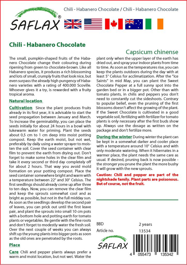 SAFLAX Garden in the Bag - Чили - Шоколад Хабанеро - 10 семян - С субстратом в подходящем пакете - Capsicum chinense