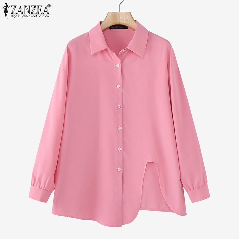 ZANZEA Women Vintage Shirt Collar Irregular Hem Long Sleeve Shirts