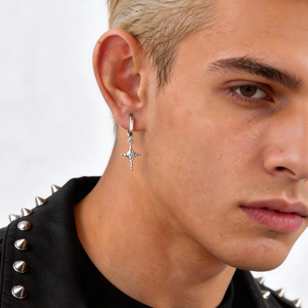 Xiaomi Vnox Zircon Cross Star Drop Earrings, Silver Color Huggies Hoop Dangle Earrings for Men Women, Gothic Punk Hip Hop Jewelry Gift