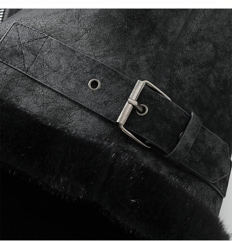 JK2035 Мужская куртка большого размера из кожи и меха с лацканами - Утепленная бархатная для осени/зимы
