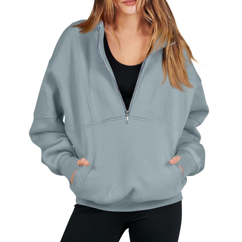 Женская модная однотонная повседневная толстовка с длинными рукавами и карманом на молнии
