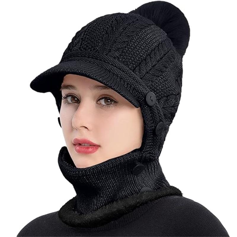 Женская зимняя утолщенная подкладка шапка термобалаклава капюшон шарф с козырьком вязаные шапки с помпоном