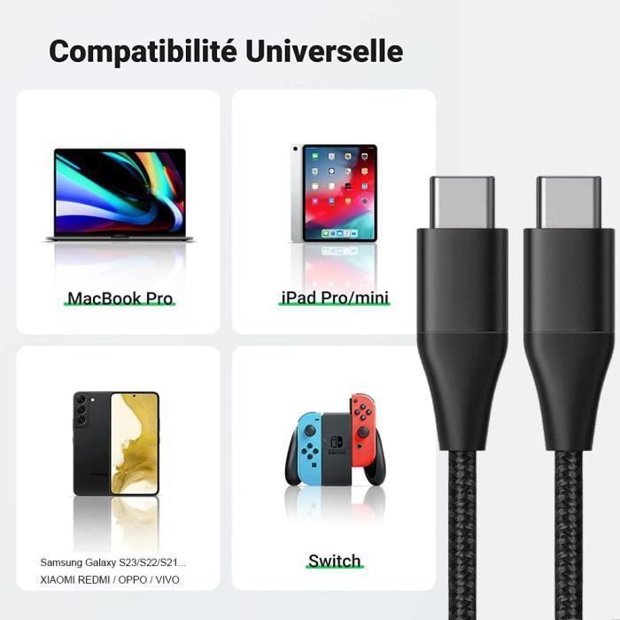 Chargeur Rapide PD 25W - 1 Câble USB-C 1M - Nylon - Noir - pour Samsung S25,S25 Fe,S25 Ultra, S24,S24 Plus, S24 Fe