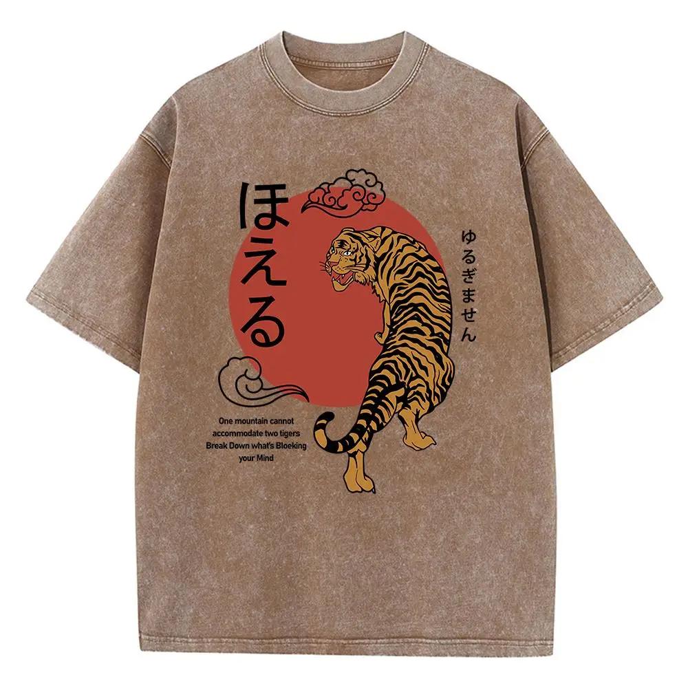 Одна гора не может вместить двух тигров, сломавших то, что гложет твой разум. Мужские футболки. Хлопковая футболка. Свободные ретро-топы.