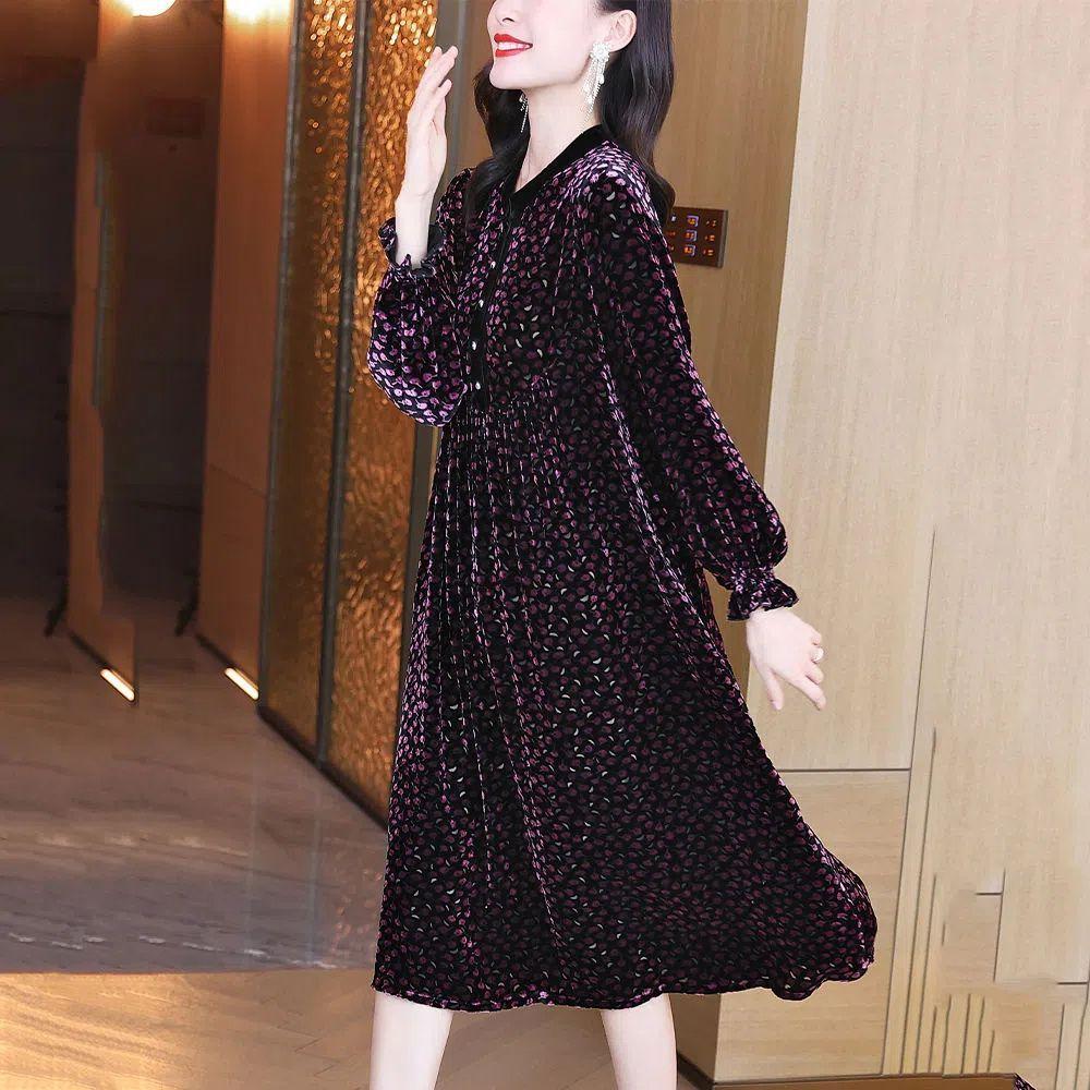 Spring Autumn Women's Plus Size Dress Gold Velvet Polka Dot Print Dress Loose Retro Mid-Length A-Line Dress