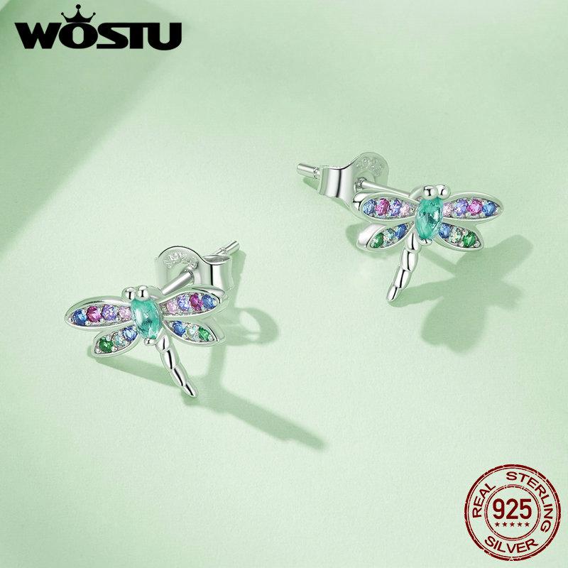 WOSTU 925 Sterling Silver Dragonfly Stud Earrings Insect Earrings for Women Colorful Zircon Fine Jewelry