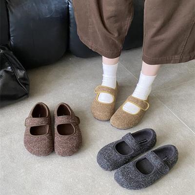 Серые пушистые туфли на липучке для женской зимней носки, новые бархатные туфли-одиночки, теплые хлопковые туфли на плоской подошве, туфли Мэри Джейн Дуду