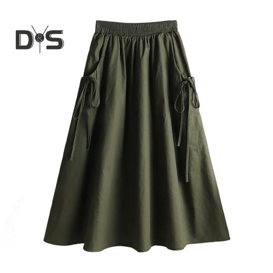 Юбка-карго с эластичным поясом и боковыми карманами, однотонная юбка-трапеция свободного кроя, миди-юбка в рабочем стиле, юбка на завязках