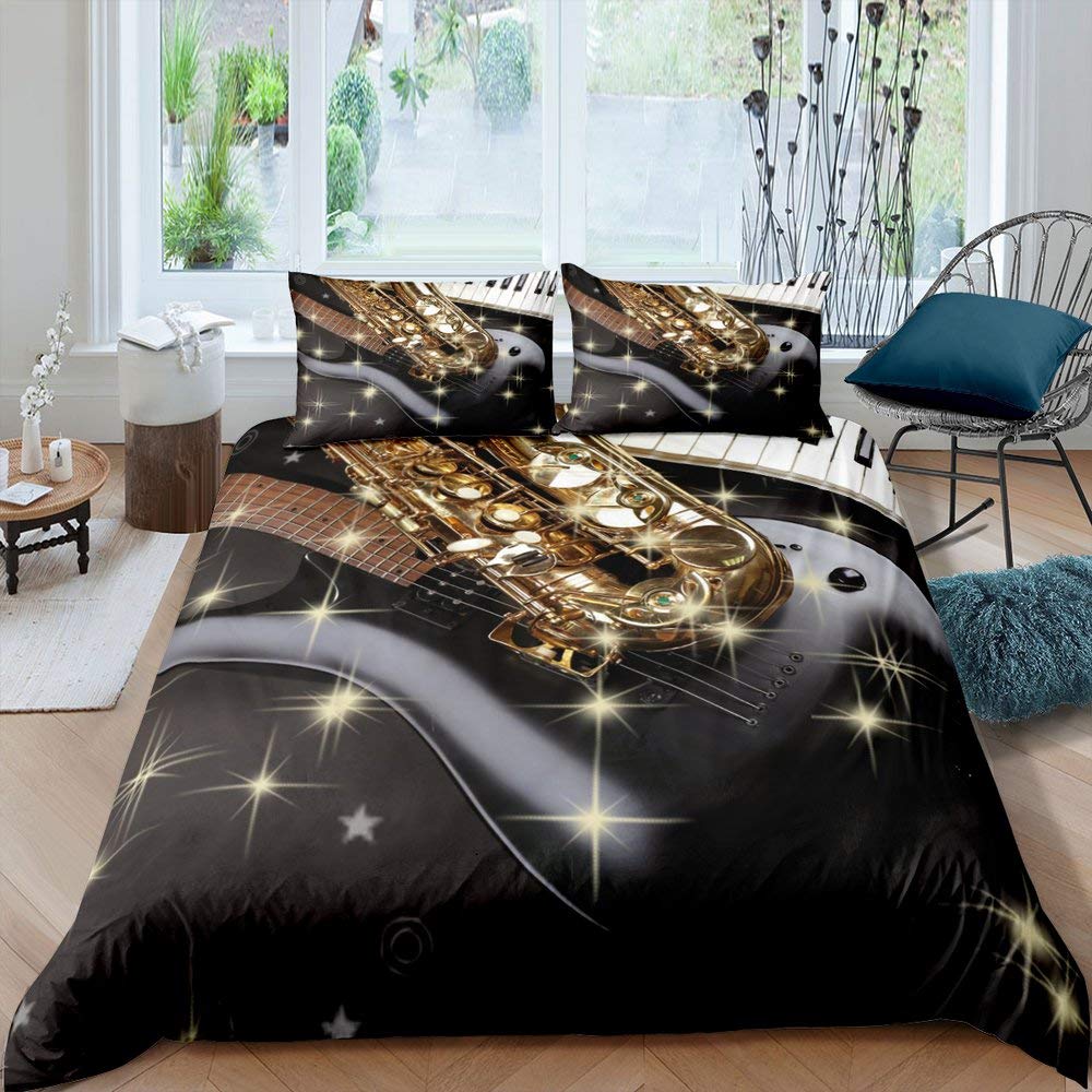 Саксофон Пододеяльник Комплект Вращающиеся Музыкальные Ноты Постельное Белье Музыкальный Инструмент Ретро Джаз Музыка Тема Двойное Одеяло Покрывало Для Детей