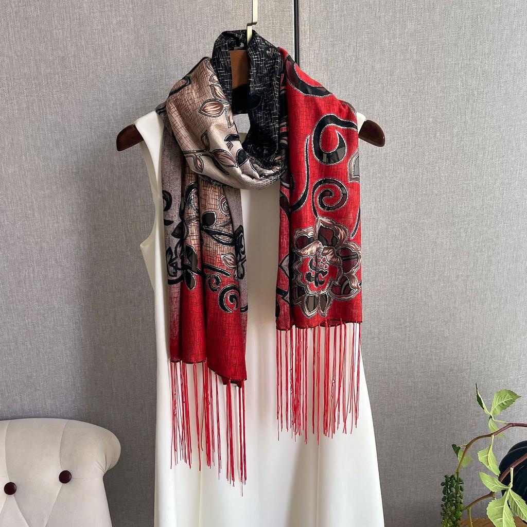 Этнический стиль кружевной шелковый шарф женский тренд мода бахрома вышивка тренд тонкий шарф шаль