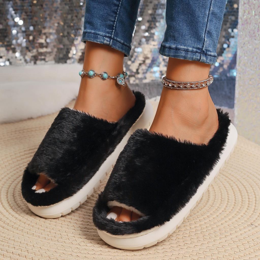 Мода Мода Толстая подошва Открытый носок Домашние тапочки Женщины Осень Зима Теплые Плюшевые Шлепанцы Дамская Спальня Мягкая Подошва Легкие Тапочки Обувь