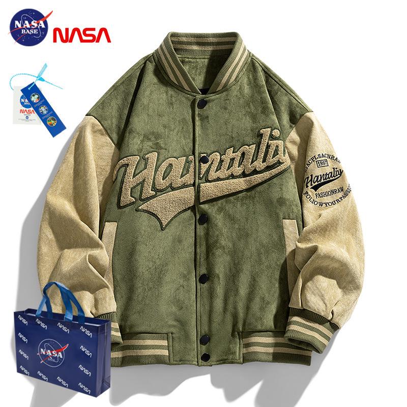 Мужская замшевая плюшевая куртка NASA - Воротник-стойка, Толстая, Модный бейсбольный стиль для весны, осени, зимы 2025