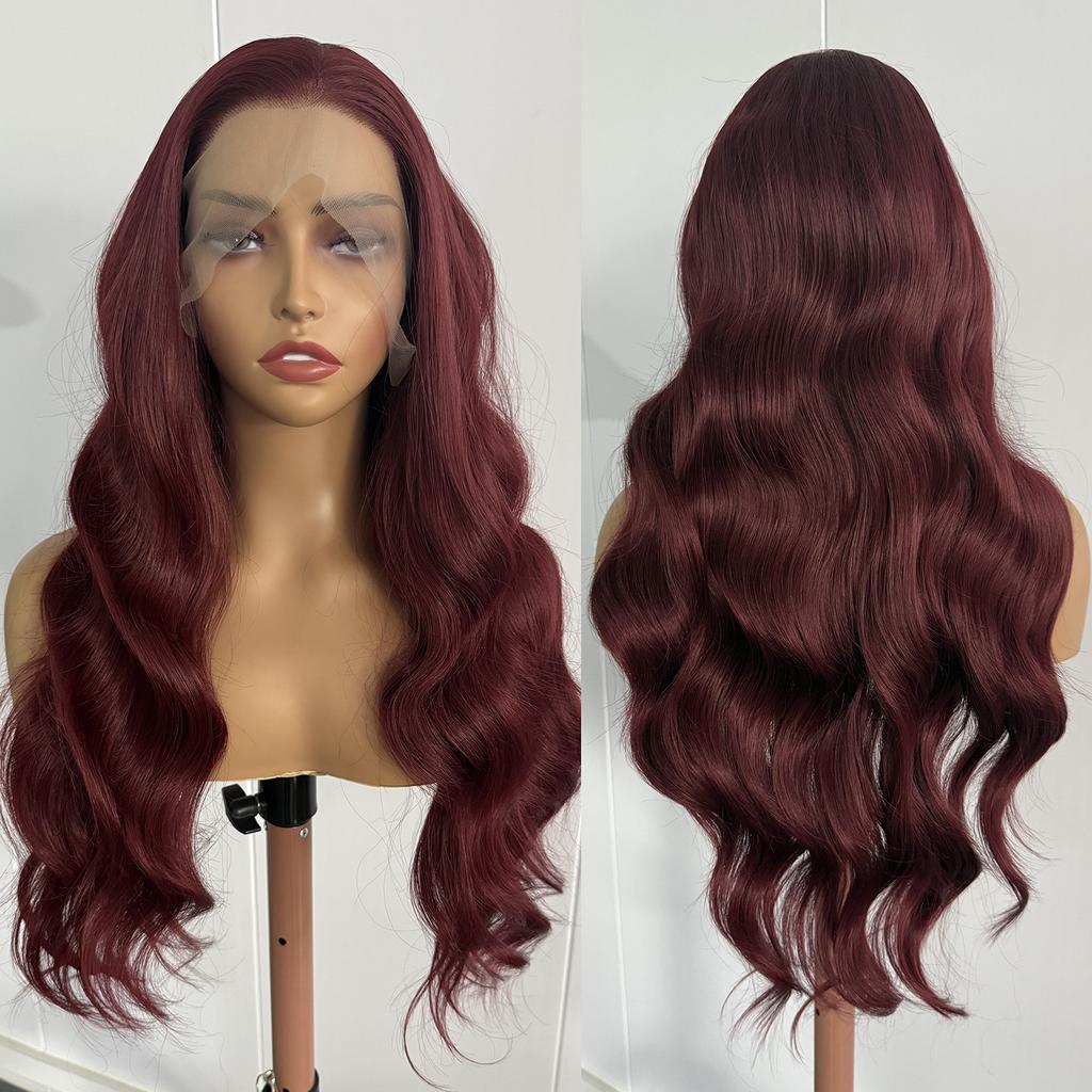 AIMEYA Copper Red Lace Wig Natural Hairline 13x4 Lace Front Wig Heat Resistant Synthetic Hair Long Body Wave Daily Wear Wigs