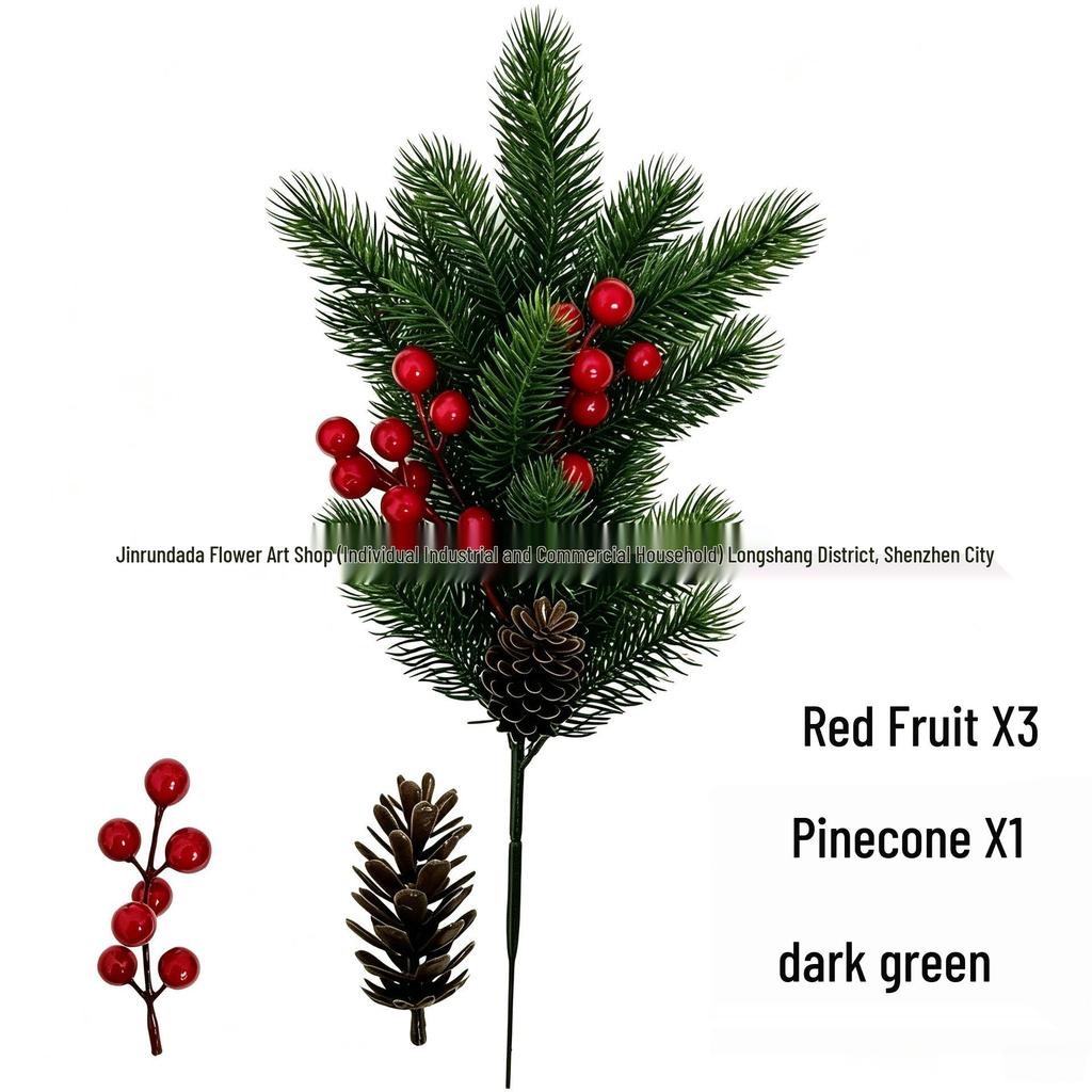 Christmas Pine Needle Decoration with Red Berries & Greenery - Ground Stake for Holiday Atmosphere