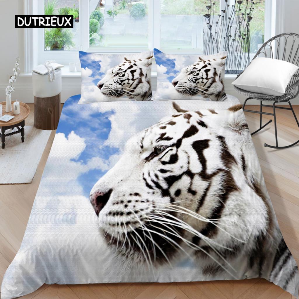 Комплект постельного белья 3D, черный пододеяльник, комплект стеганого одеяла, наволочка, размер King Queen, полиэстер с принтом тигра и животных