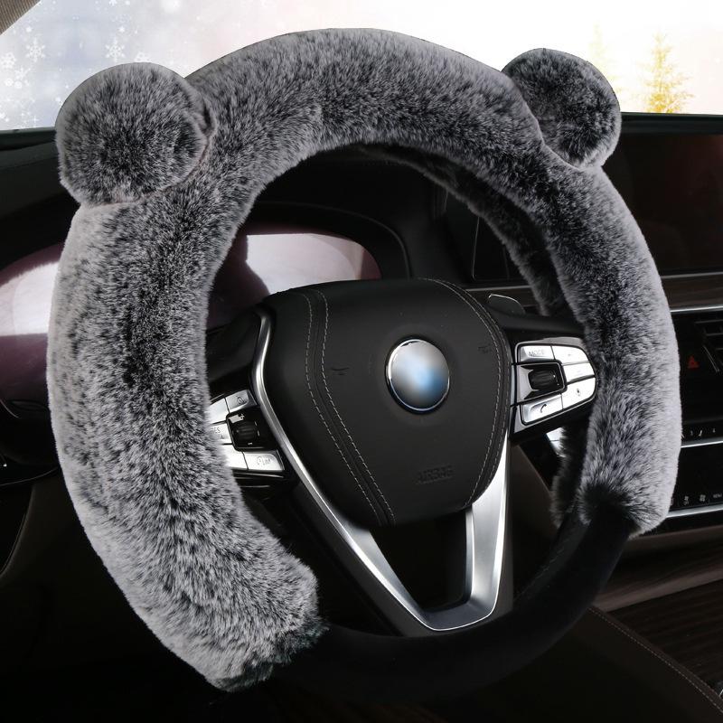 Universal Steering Wheel Cover Cartoon Cute Ear Shape Soft Faux Rabbit Fur Plush Winter Car Interior Styling for Women