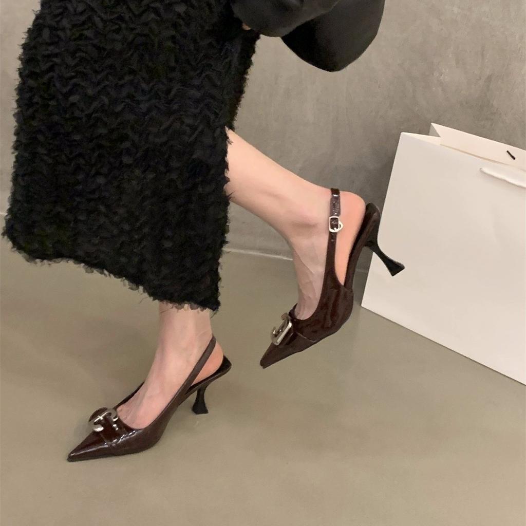 Black High Heels Temperament Socialite Bag Head Sandals Fairy Shoes 2025 New Spring and Summer French Pointed Single Shoes