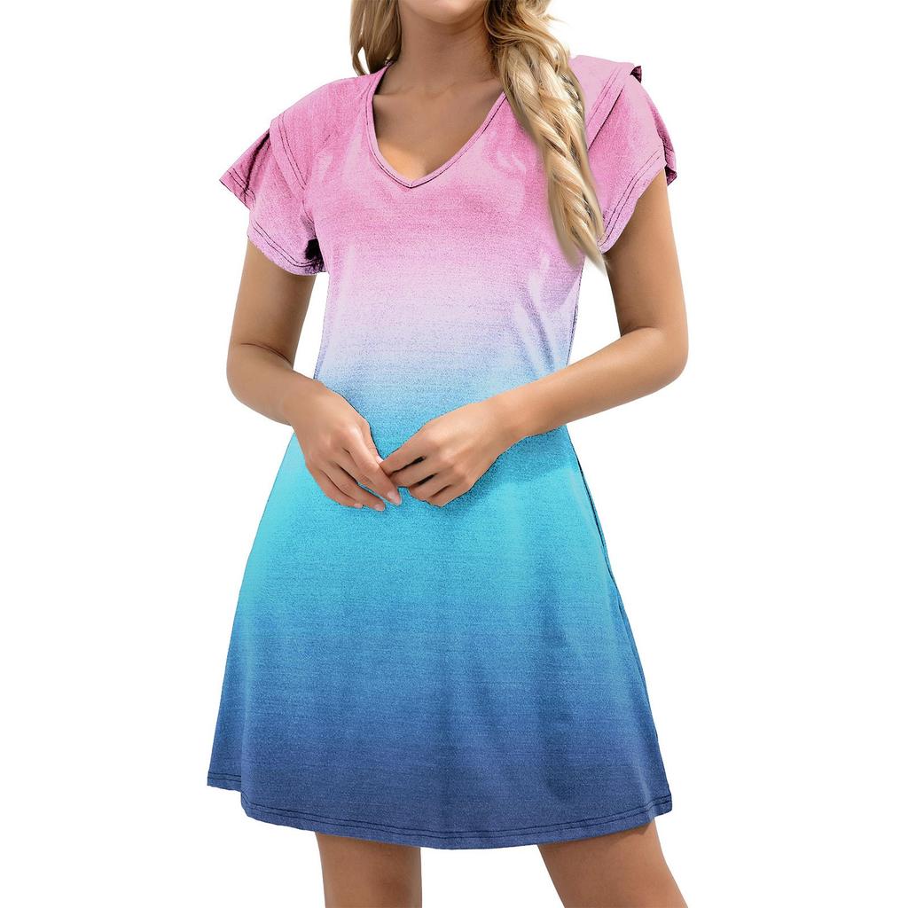 Women's Casual V-Neck A-Line Dress With Short Ruffled Edge Cuff Pocket Dress Cuff Pocket Dress