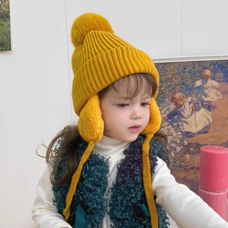 2-8T Baby Hat Big Pompom Beanie with Earflap Wool Plush Children Knitted Cap for Girls Boys Winter Thick Warm Kids Accessories