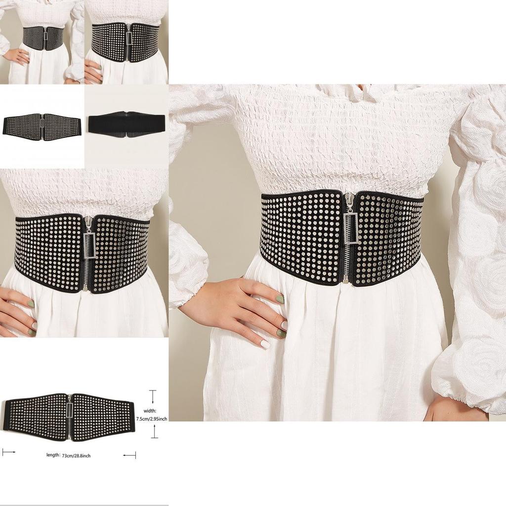 Faux Leather Wide Waist Belt For Women With Metal Buckle And Rivet Detailing