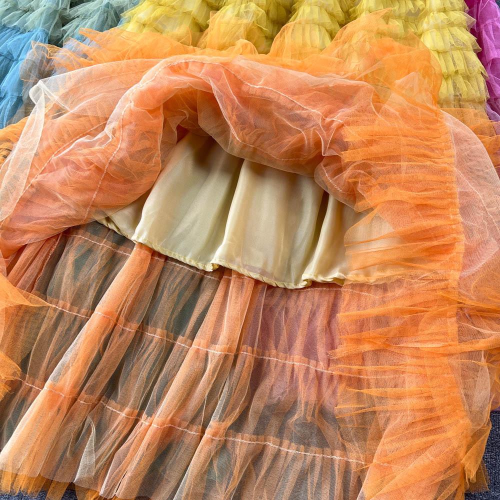 Юбка-сетка с градиентным цветом и неровной структурой, женская юбка средней длины, пышная юбка-трапеция с высокой талией, сари феи