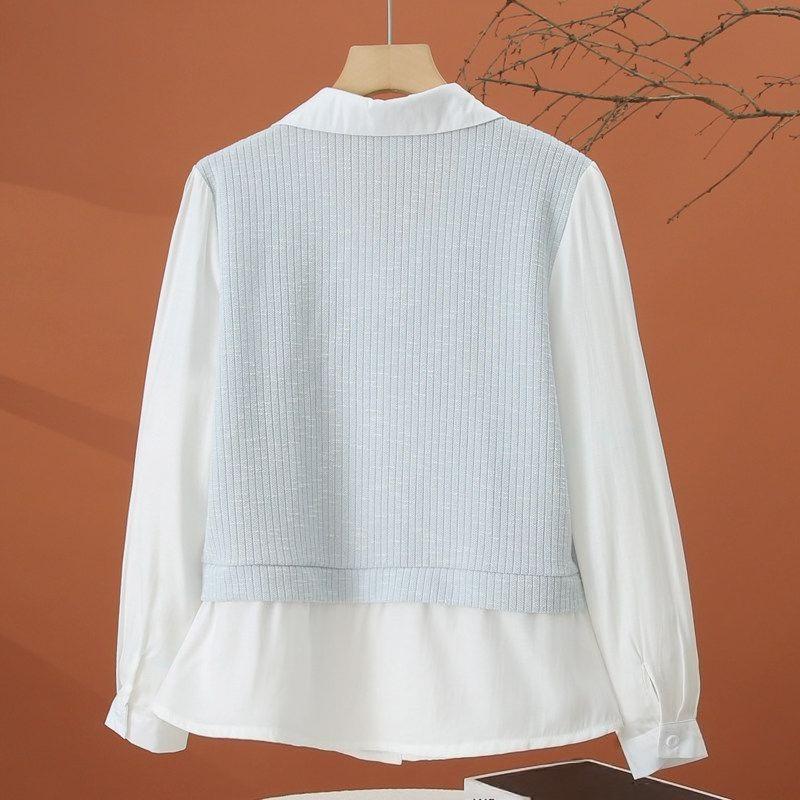 Women's Fake Two-piece Shirt Splicing Contrasting Turndown Collar Button Decoration Lady Shirts Spring New Trend Famale Top