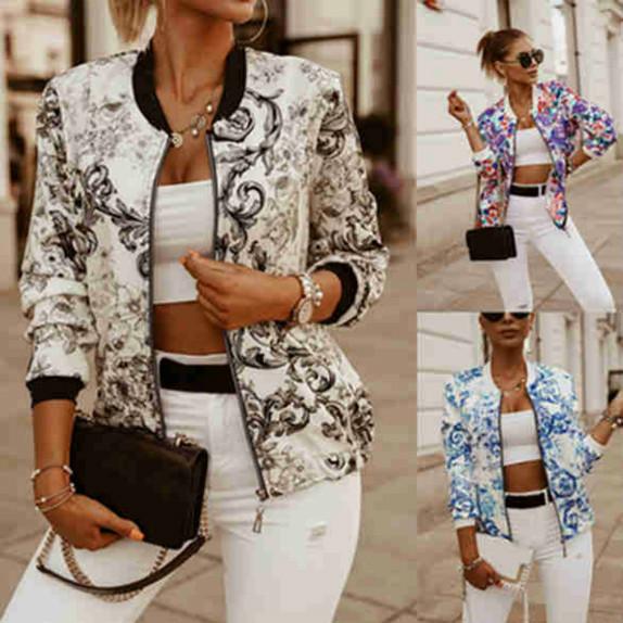 Fashion Women's Printed Long Sleeve Bomber Jacket Retro Zip Top Slim Basic Ladies Jacket