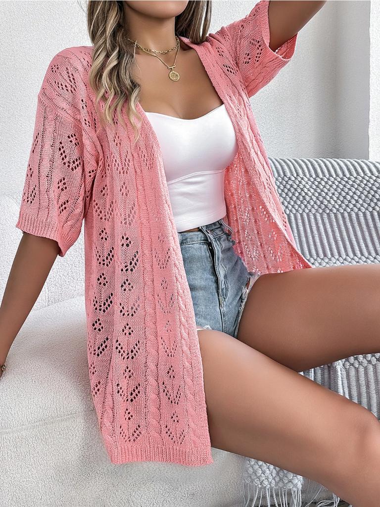 2024 Summer Woman White Hollow Short Sleeved Knitted Cardigan Vacation Sun Protection Shirt
