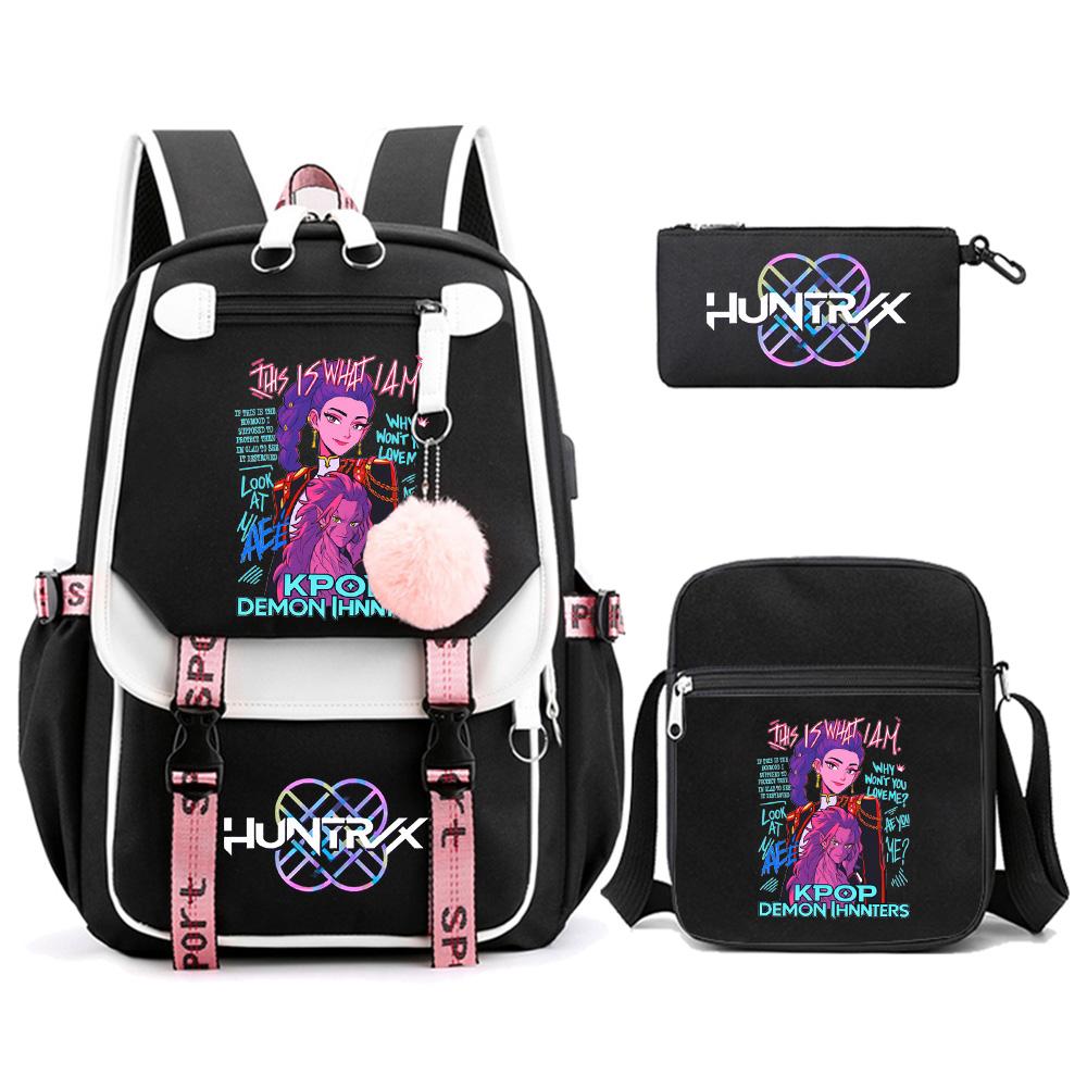3Pcs/set Anime Cute Kpop Demon Hunters Printed Backpack with Shoulder Bag Pencil Case for Teenager Girl Boy Bookbag Large Capacity Travel Bag Kid Gift