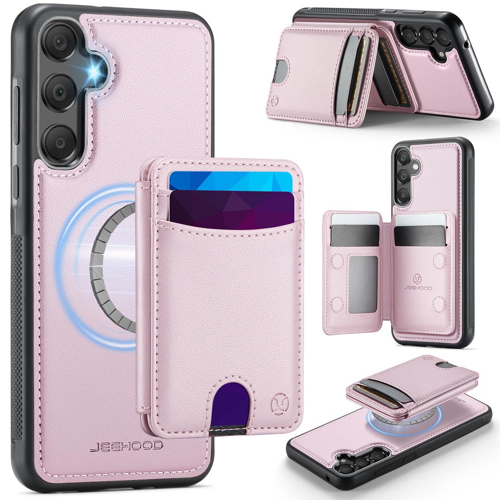 For Samsung Galaxy A55 5G Magnetic Case JEEHOOD J10 Leather Back Phone Cover with Detachable Card Holder Kickstand
