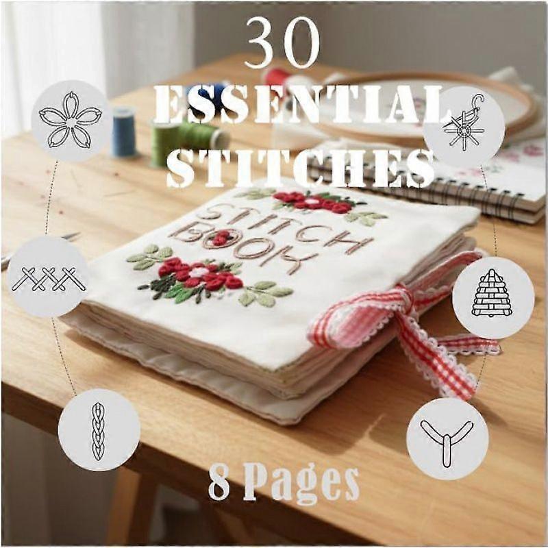 Beginner Embroidery Stitch Book with Fabric Pages, 30 Hand Embroidery Stitches for Adults, DIY Sewing Kit with Floral Motifs, Starter Practice Pattern