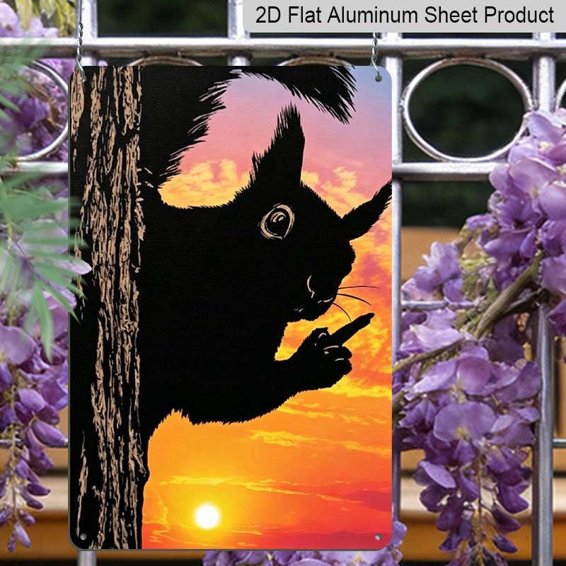 2D Flat, Funny Squirrel Middle Finger Sunset Metal Aluminum Sign - Retro Humorous Animal Wall Decor Man Cave, Garage, Bar Decor, Patio, Garden