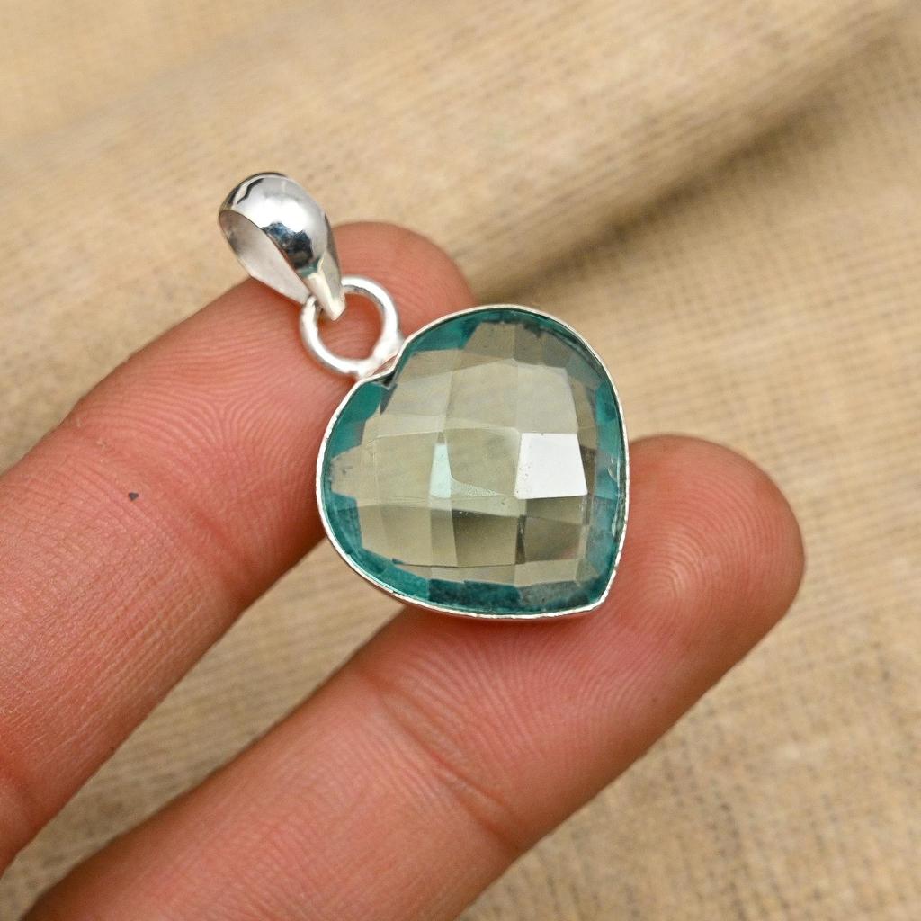 Heart Shape Aqua Apatite Gemstone Handmade 925 Solid Sterling Silver Jewelry Pendant For Wedding Gift