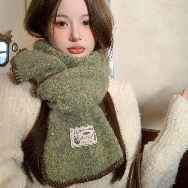 New Style Knitted Contrasting Edged Scarf for Women High End Retro Thickened and Warm Korean Version All Match Scarf for Winter