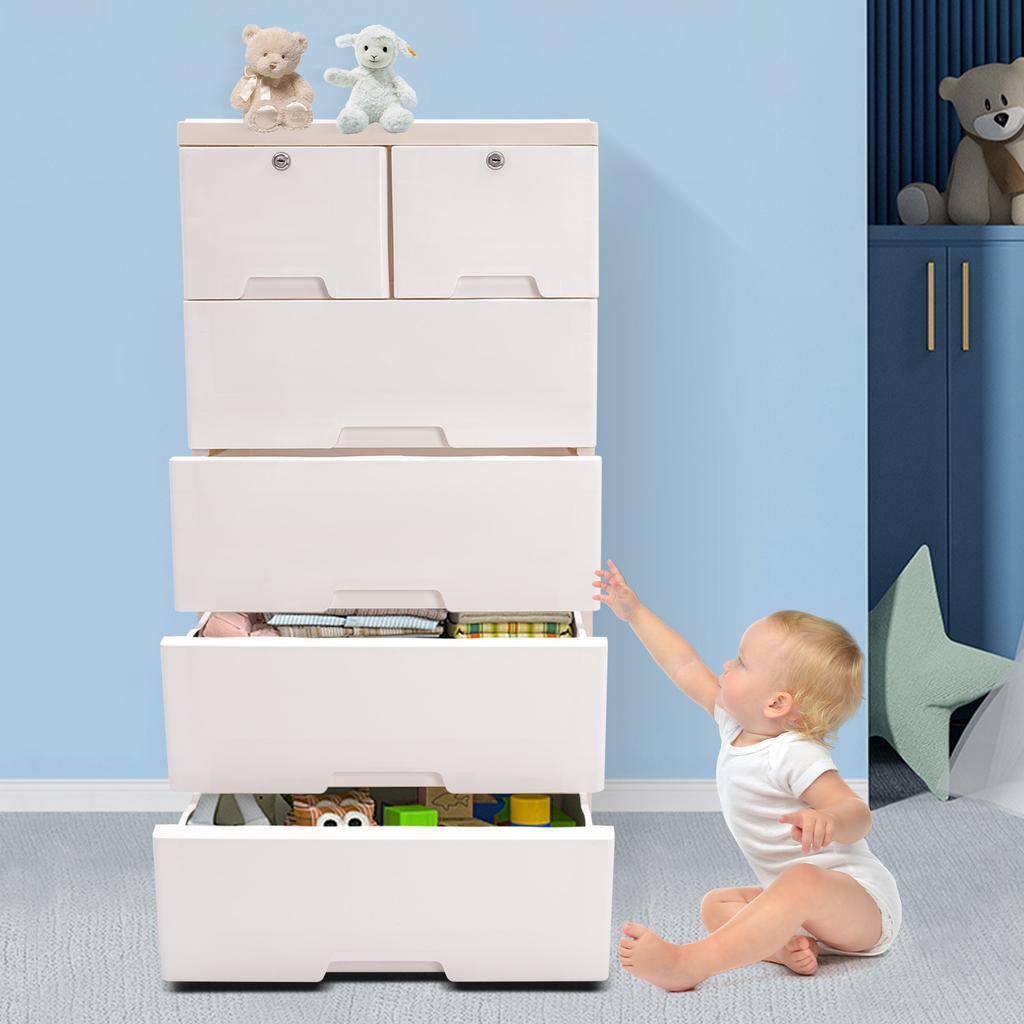 6-Drawer Plastic Storage Cabinet White Modern Dresser Organizer for Closet Bedroom Office 30kg Capacity Rectangular Drawers Unit