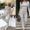 Womens Basic Slim Sweatshirt Trousers Outfits Long Sleeve Round Neck Crop Tops Low Waist Flare Pants Set Two Piece Sets