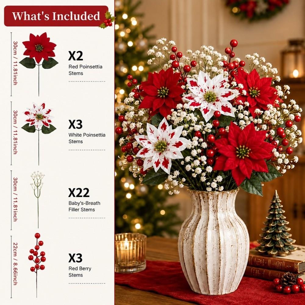 25/28/30PCS Multicolor Christmas Artificial Flowers Poinsettia Bouquet Holiday Celebration