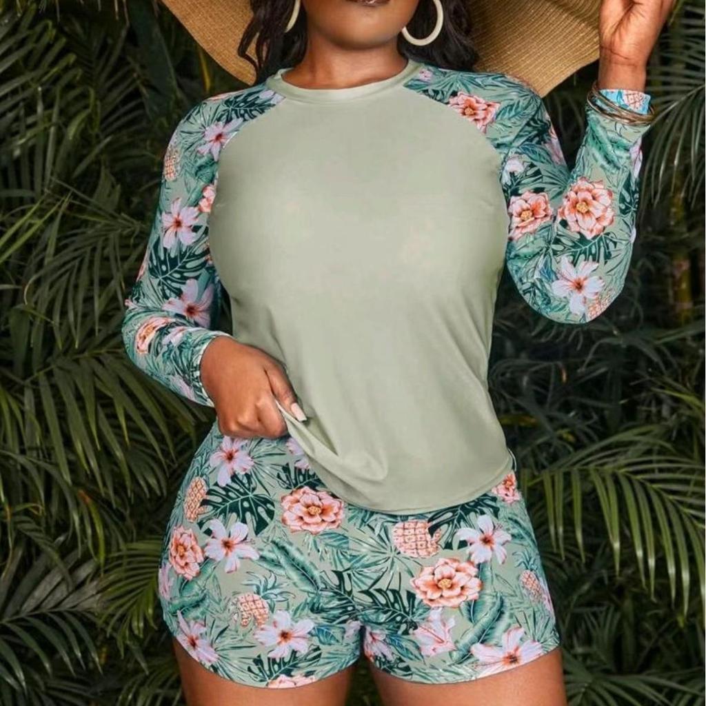 2024 Plus Size European & American Long Sleeve Tankini with Printed Design and Flat Leg Shorts.