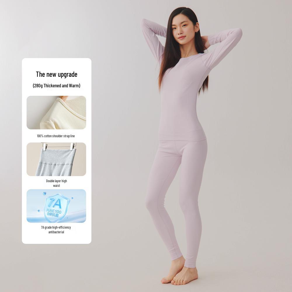 Женский комплект термобелья большого размера из двухсторонней фланели - Чистый хлопок, Толстый базовый слой с круглым вырезом для осени и зимы