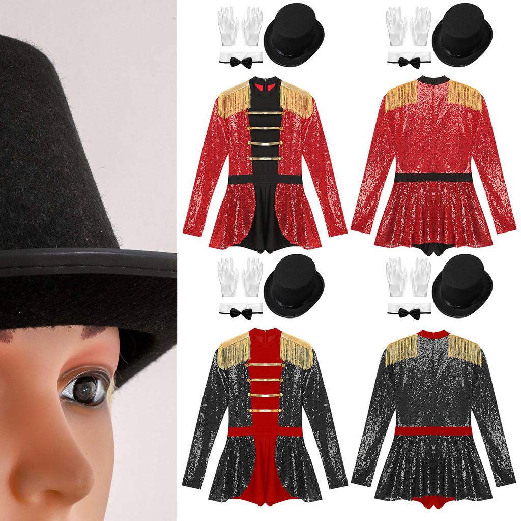 Womens Sequin Circus Ringmaster Bodysuit Top Hat Bow Fake Collar and White Gloves 4-Piece Set for Halloween Magician Party