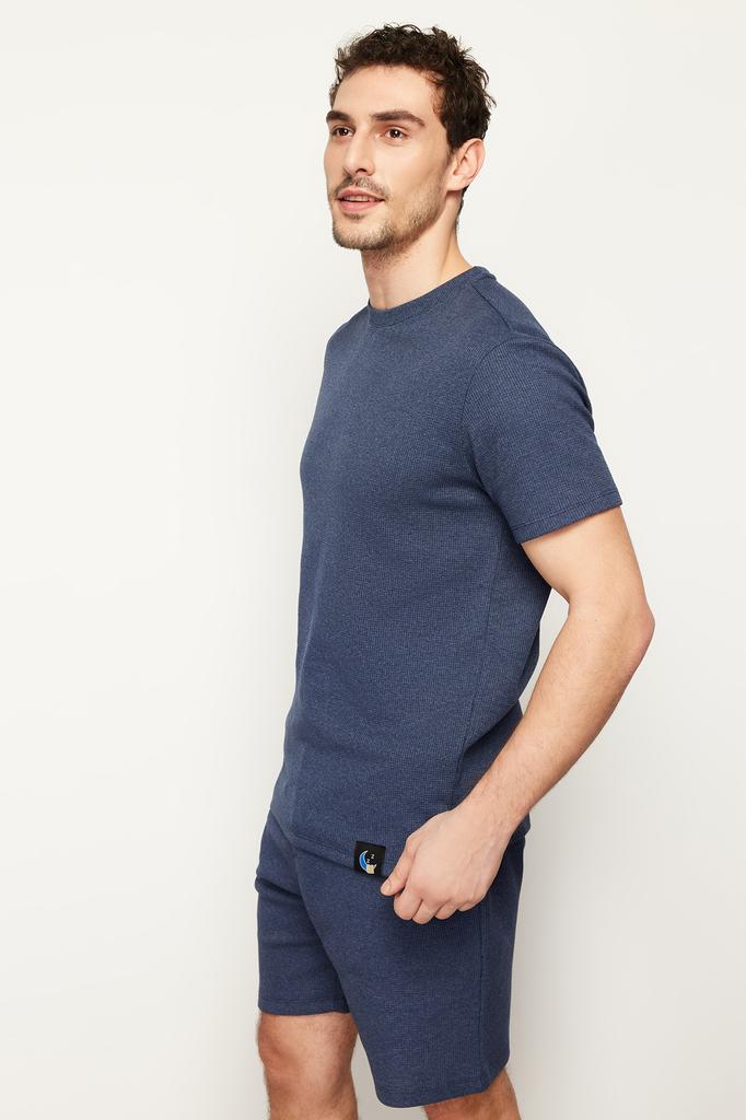 Men's Fashion New Pajama Set Indigo Regular Fit Waffle Knitted Pajama Set with Shorts