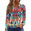 Women's Casual Fashion V-Neck Raglan Pleated Floral Print Long Sleeve Top