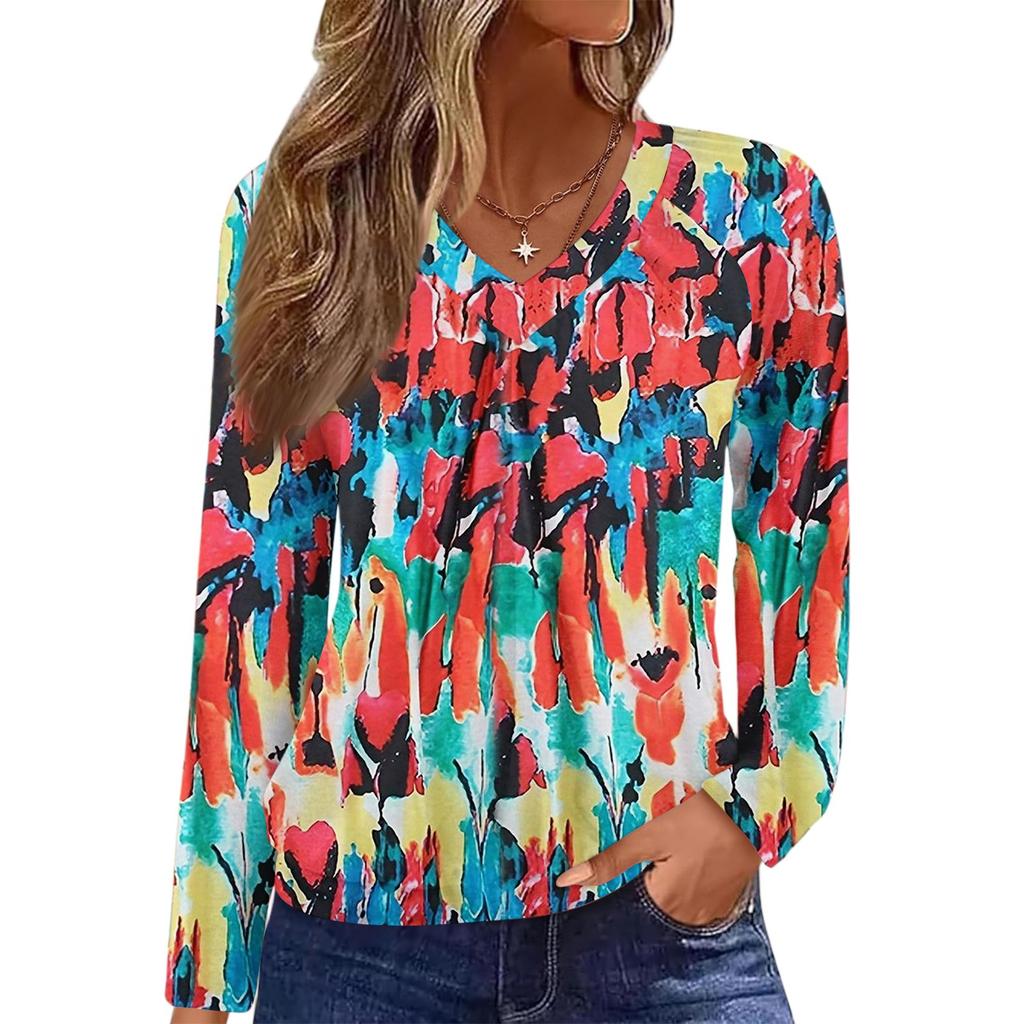Women's Casual Fashion V-Neck Raglan Pleated Floral Print Long Sleeve Top