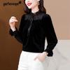 Women Korean Fashion Vintage Sexy See Through Black Velvet Shirt Office Lady Elegant Ruffle Lace-up Blouse Long Sleeve Slim Tops