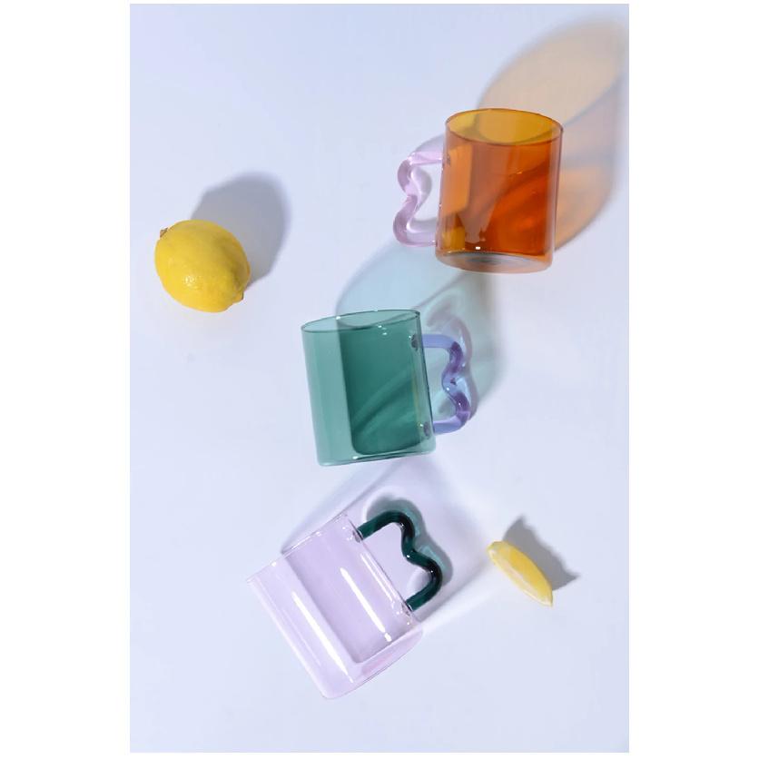 Colored Glass Cup with Wave Handle Coffee Breakfast Cup Large Capacity Milk Cup Microwaveable Cross-border