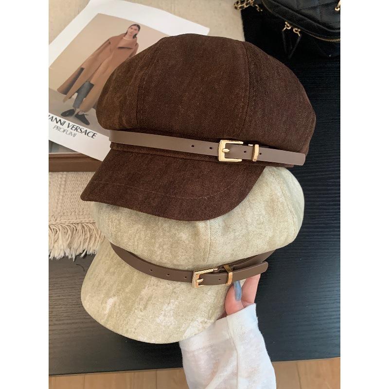 Vintage belt buckle, suede beret, women's literary and versatile, big head circumference shows face, small clouds, painter hat tide