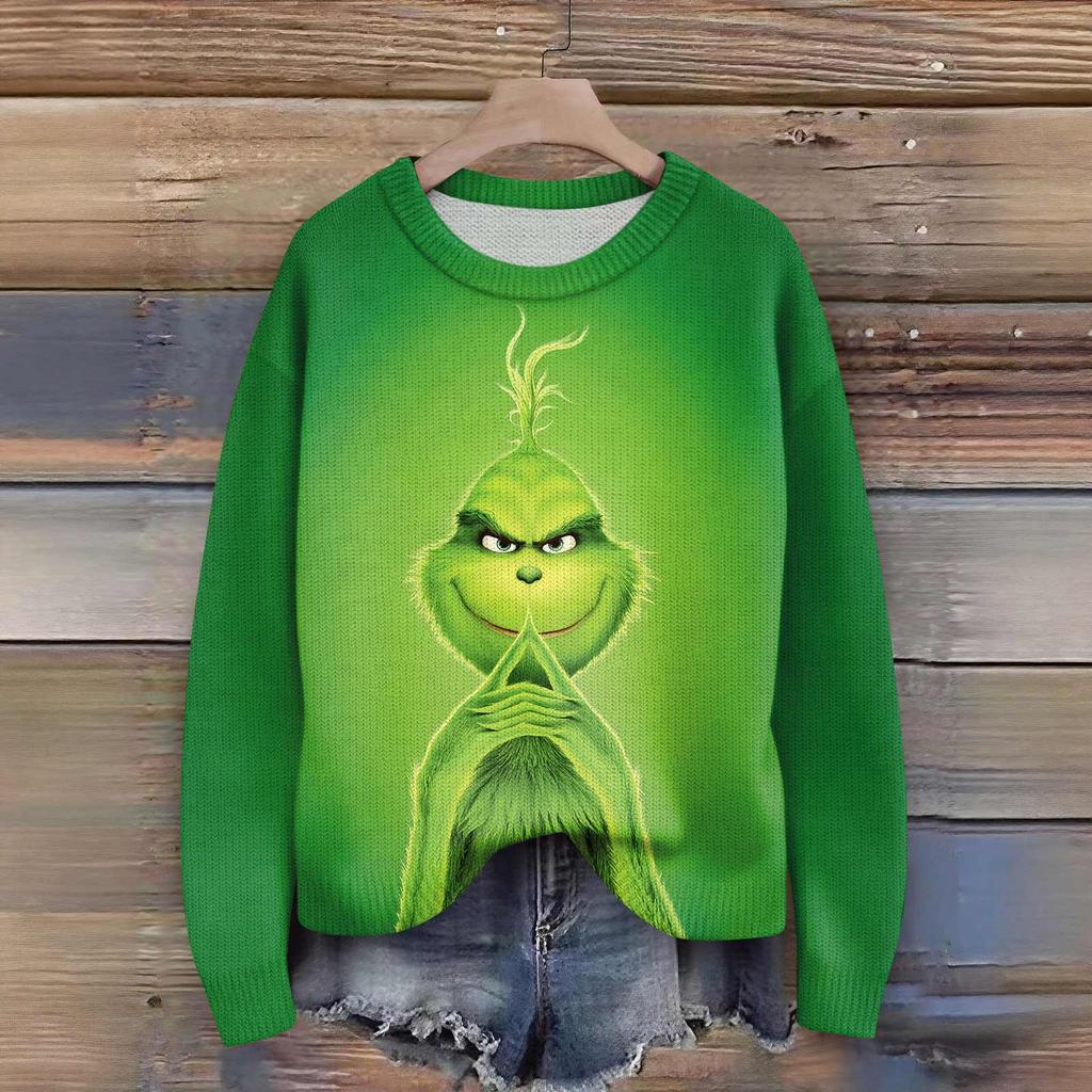 Пуловеры с длинным рукавом для женщин, с круглым вырезом, повседневные, милые, с принтом, вязаные, оверсайз