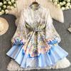 Spring Autumn Women Brand Designer Print Runway Dress Stand Collar Single Breasted Mini Short Party Dresses