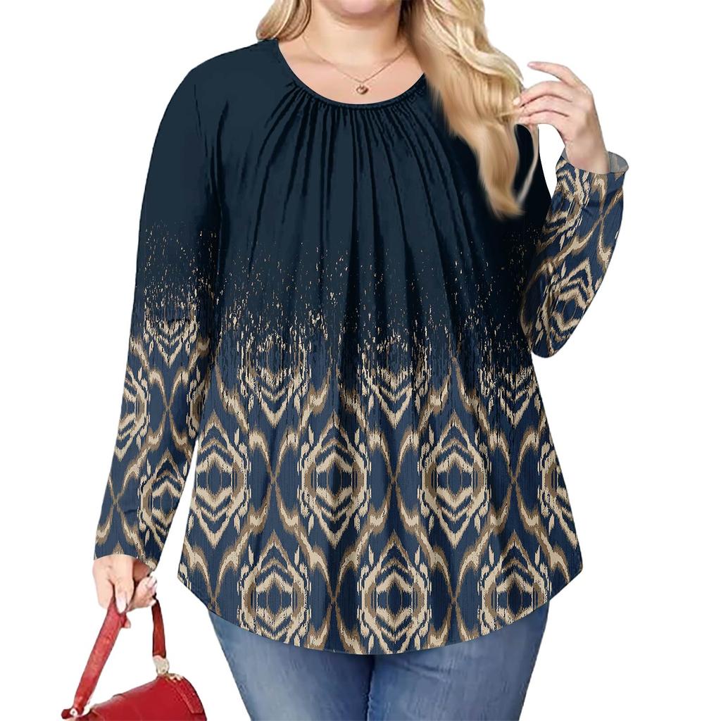 Women's Plus Size Fashion Printed Casual Pleated Round Neck Long Sleeve Top