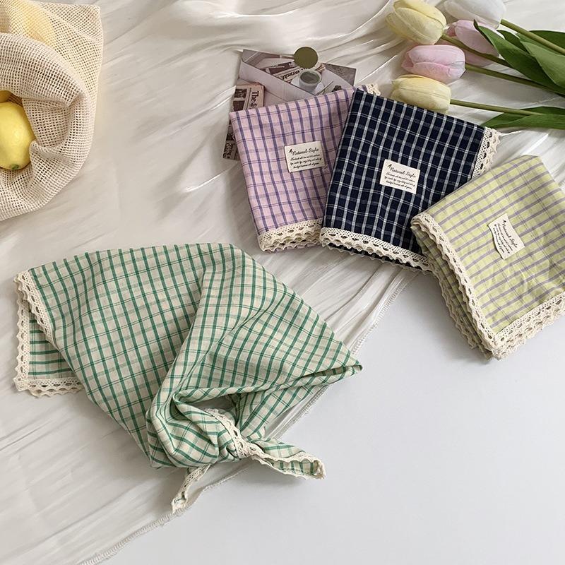 Шелковый шарф на шею маленький квадратный шарф в клетку с кружевной кромкой универсальный модный шарф головной платок летний женский пасторальный шелковый шарф повязка на голову